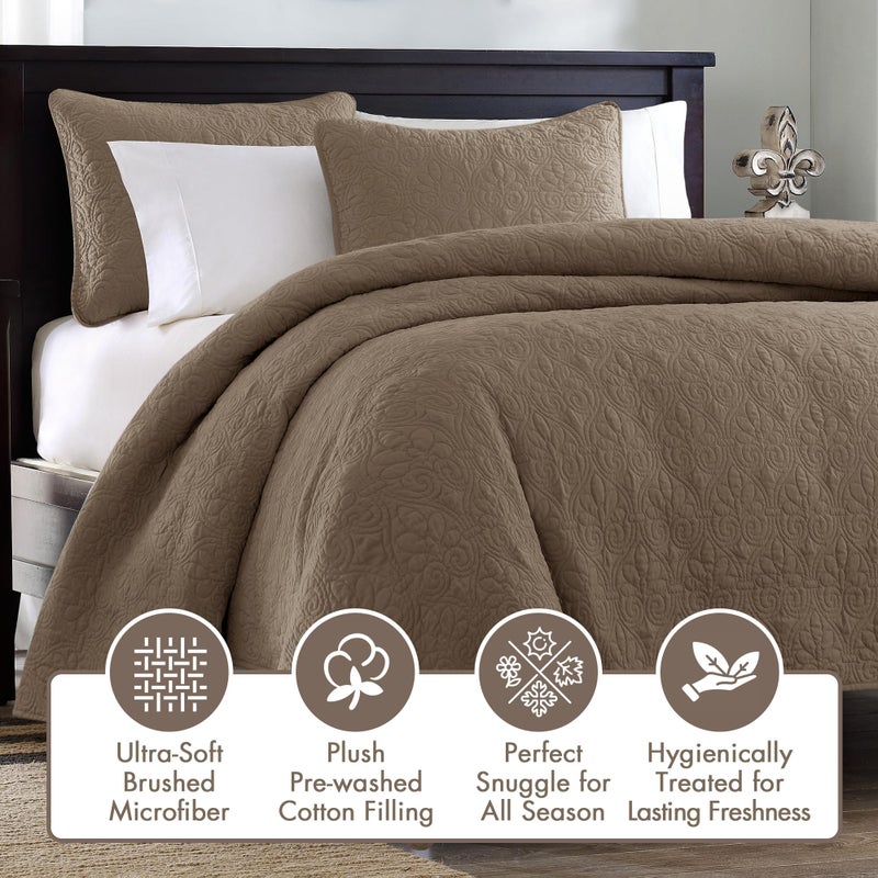 Madison Park Quebec Quilt Set - Luxurious Damask Stitching Design, Cotton Filled Lightweight Coverlet Bedspread Bedding, Shams, King/Cal King(104"x94"), Mocha 3 Piece - Image 3